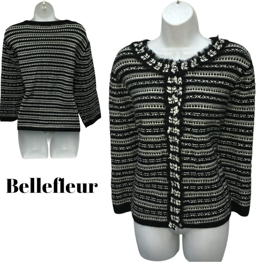 BELLEFLEUR Chiffon Trim Knit Striped Snap Down Cardigan Sweater - Women’s XL